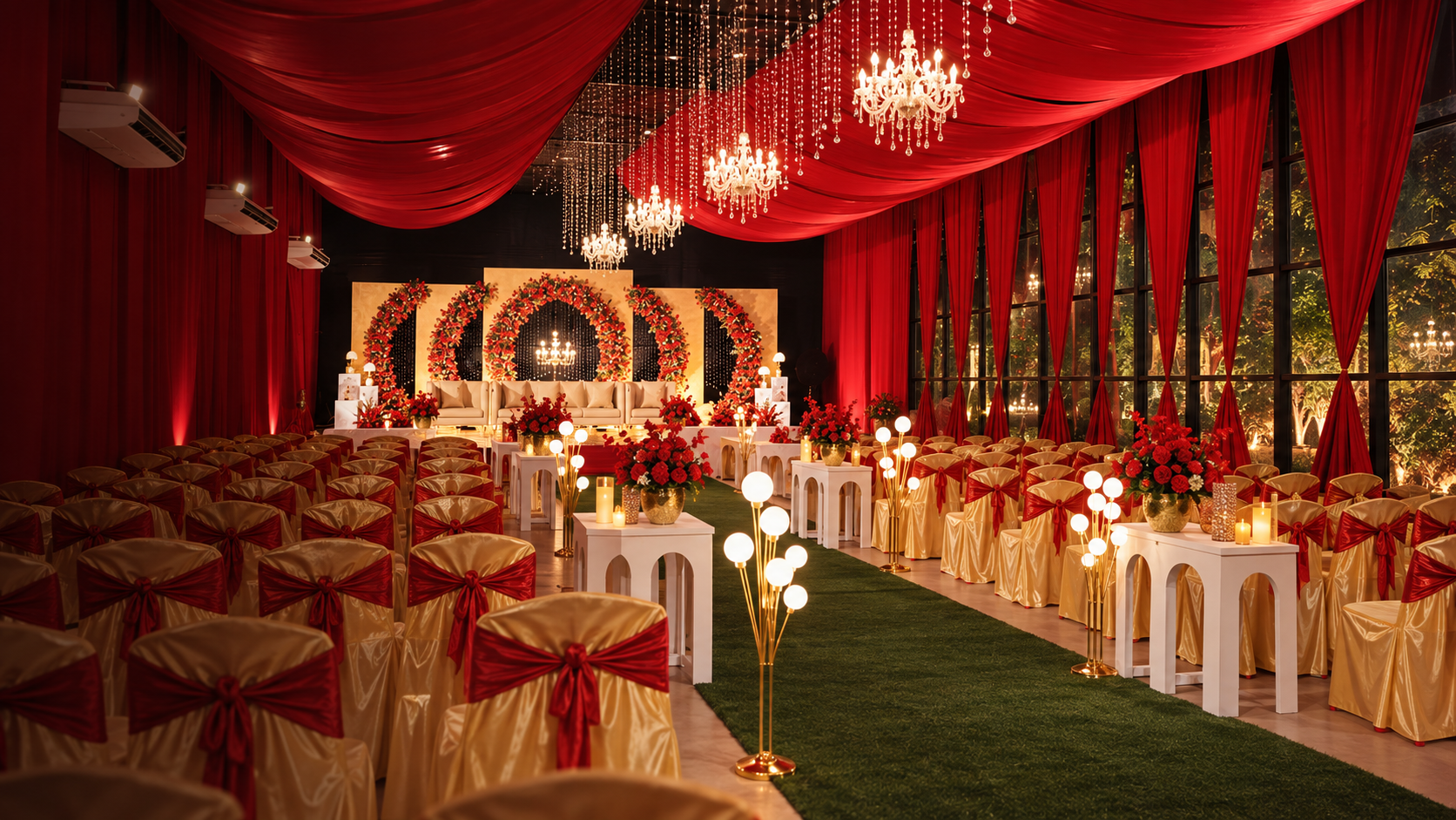 AI-generated venue illustration inspired by our red and gold wedding hall decor